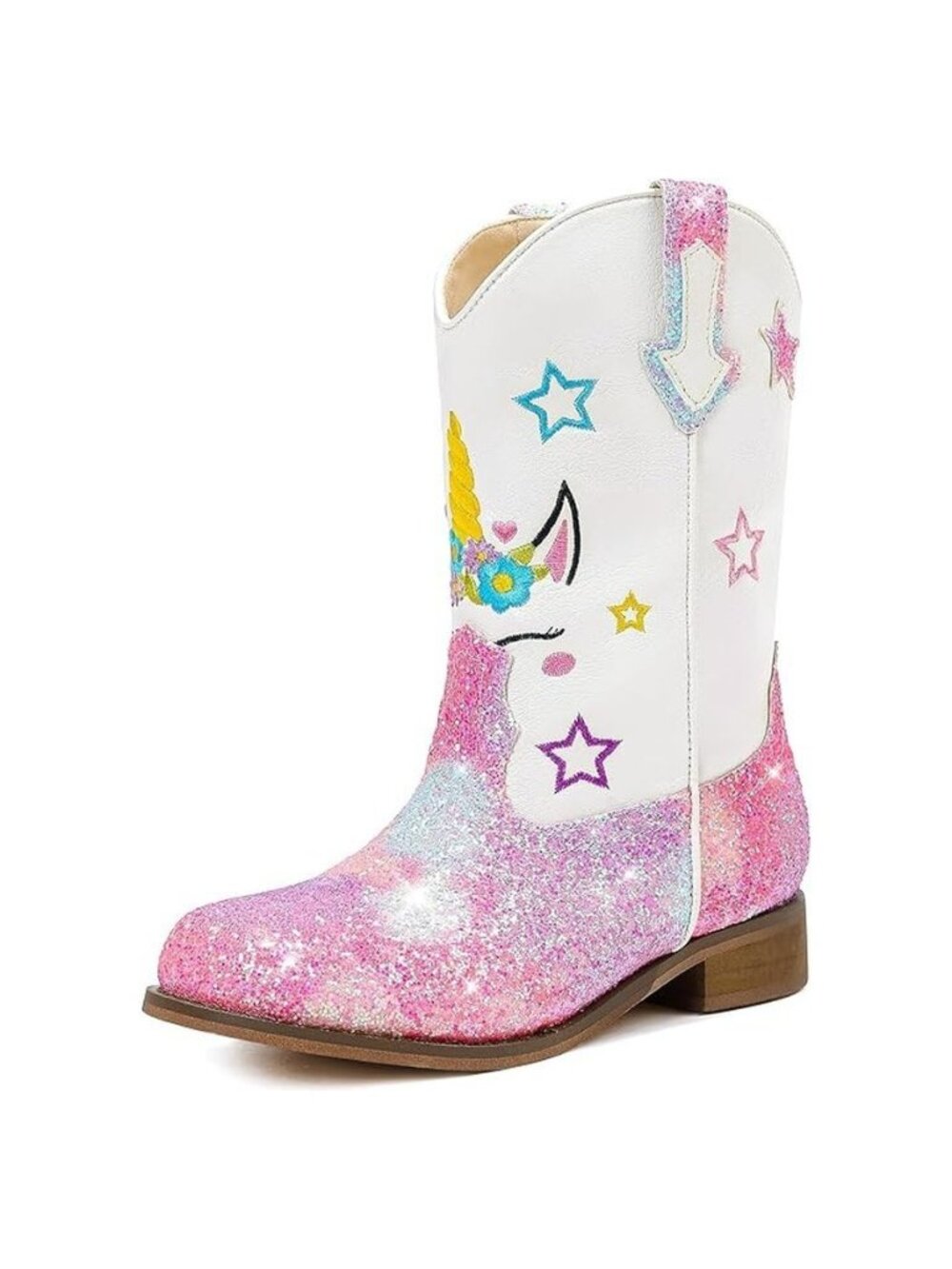 Girls Unicorn Cowgirl Boots Glitter Mid Calf Square Toe Toddler Youth Pink